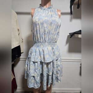 Pinch Sleeveless Blue and Yellow Midi Dress